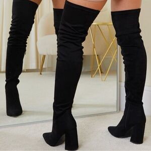 PrettyLittleThing Black Over-the-Knee Boots size 7 wide fit pointed toe boot